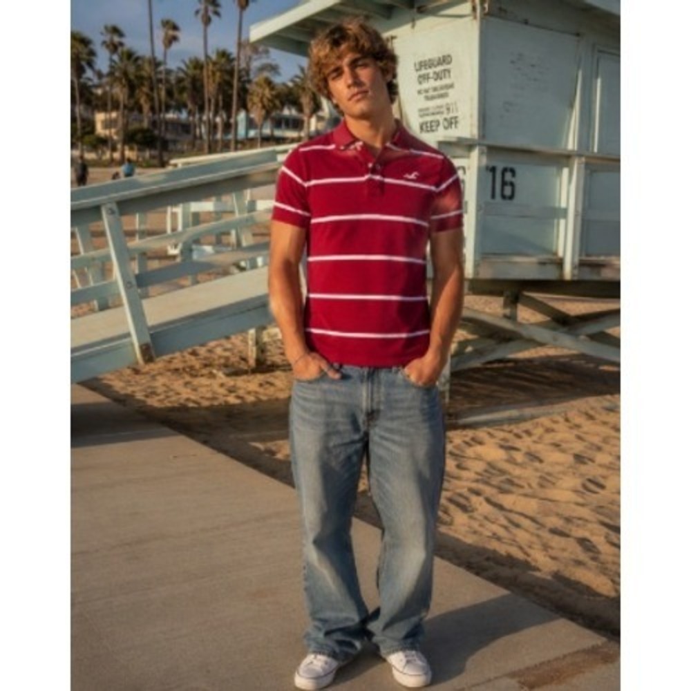 Hollister Mens S Y2K Burgundy Striped Polo Shirt 2000s Preppy Surf Seagull
